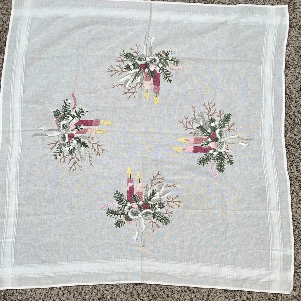 Vintage Embroidered Christmas Candle Dresser Scarf White Cotton Holiday Decor